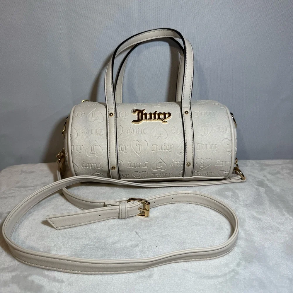 Juicy Couture Y2K White Barrel Bag Gold Logo Crossbody Satchel Purse‎